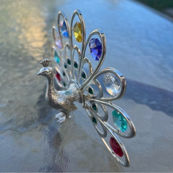 Silver Plated Peacock Figurine With Multicolored Swarovski Crystals Ornament - Picture 5 of 10